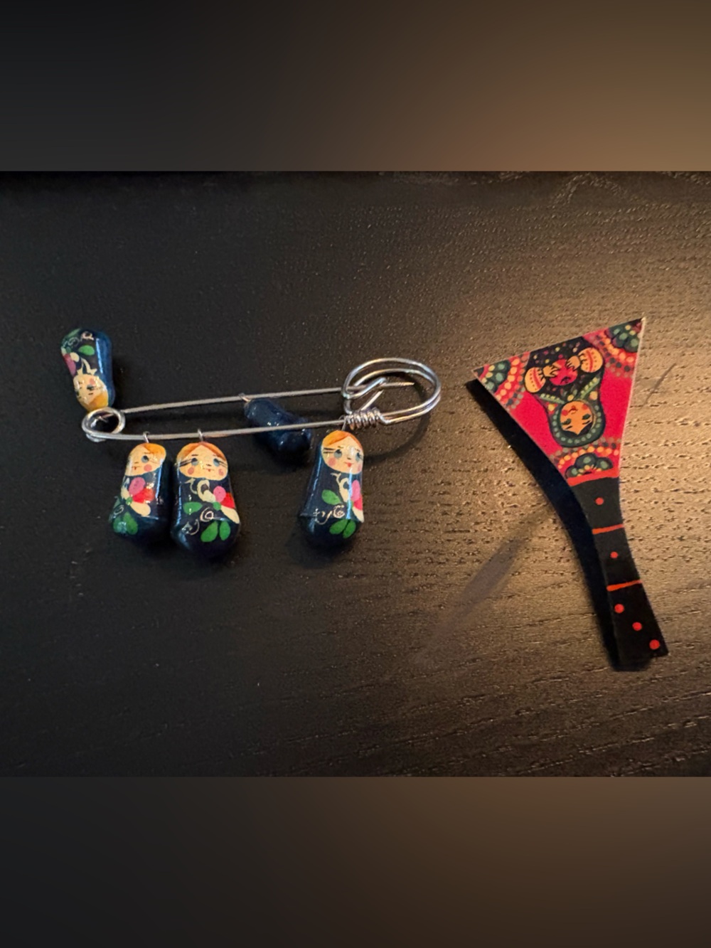 Vintage Russian Nesting Doll Pin & Folk Art Brooch Set